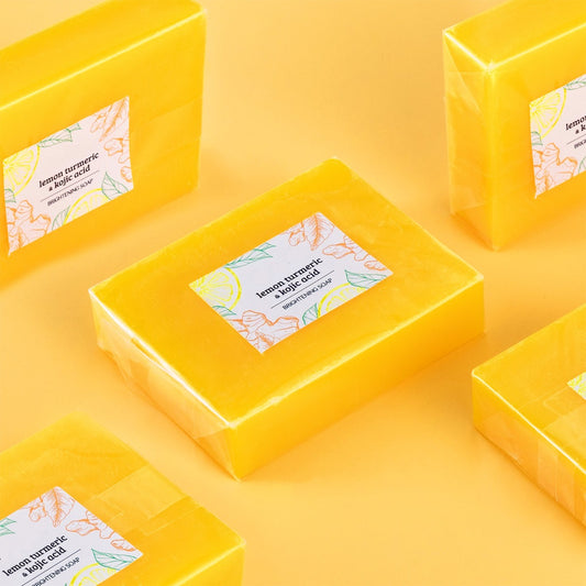 Brightening soap with lemon, turmeric, and kojic acid.